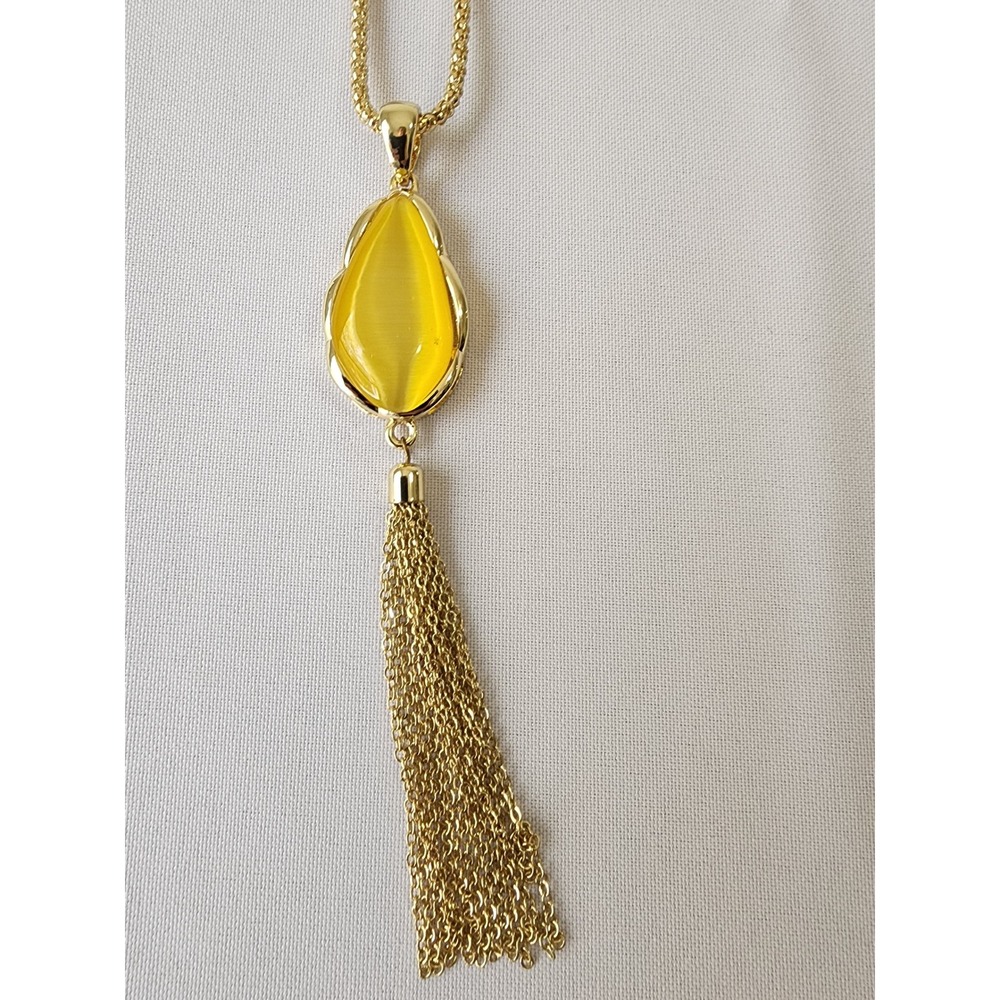 Gold Tone Long Popcorn Chain Yellow Cat's Eye Teardrop Tassel Pendant Necklace - Picture 2 of 7
